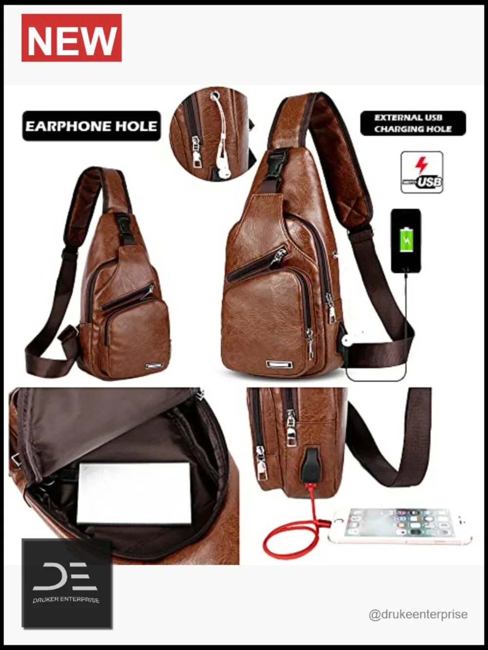 Leather Sling Bag Crossbody Backpack with USB Charge Port